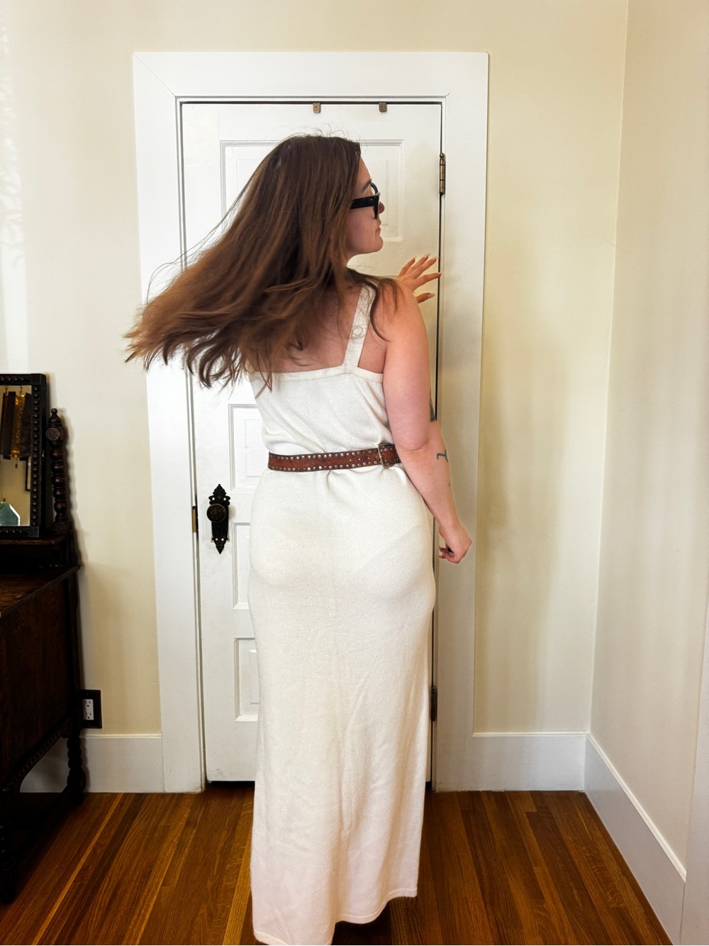 70s Vintage Santana Knit Maxi Dress Cream Column Karen Couture Los Angeles Sz XL - Picture 3 of 8